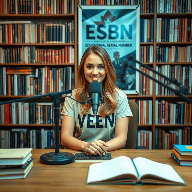 A captivating podcast view featuring a beautiful woman seated in front of a microphone, dressed in a trendy t-shirt that says "VEA"