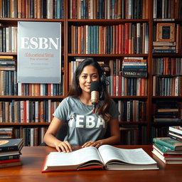 A captivating podcast view featuring a beautiful woman seated in front of a microphone, dressed in a trendy t-shirt that says "VEA"