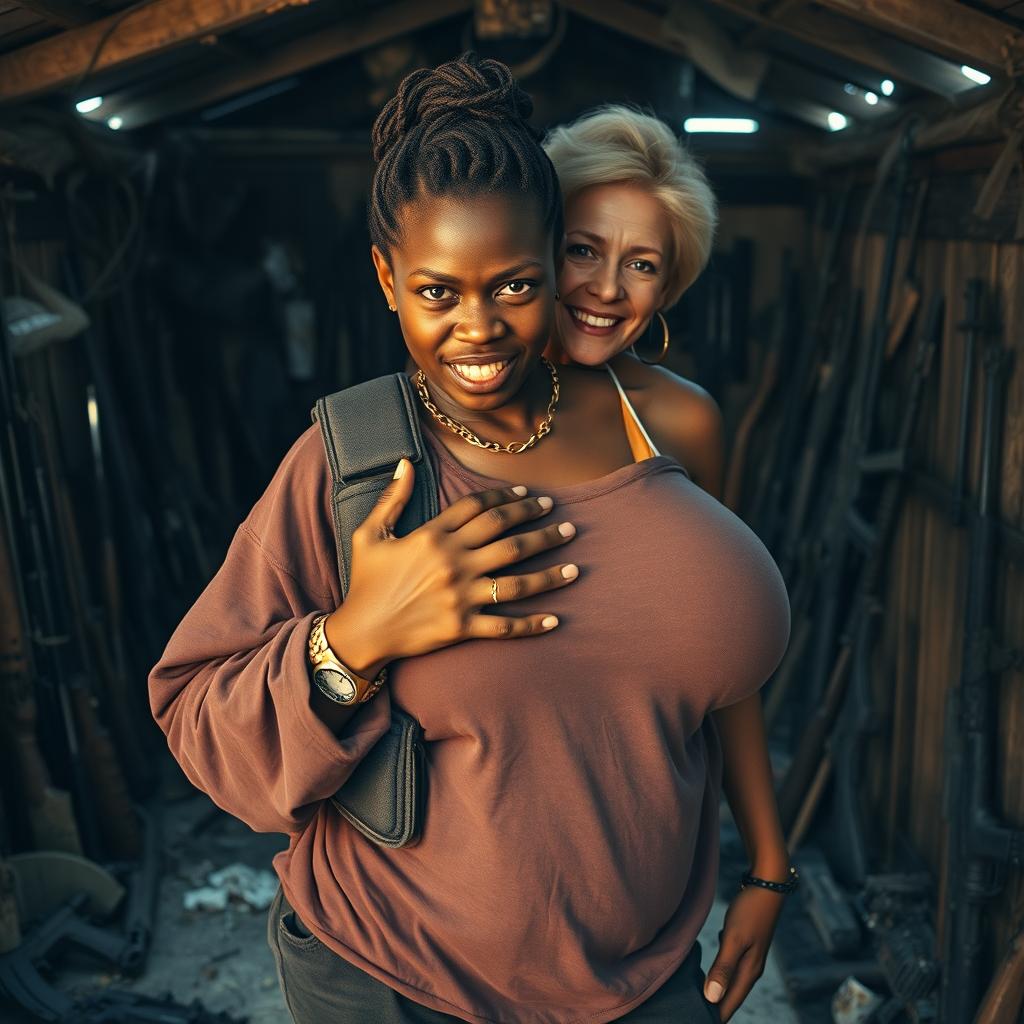 Inside a shanty filled with weapons, a young Black African woman, 25 years old, stands with a fierce expression