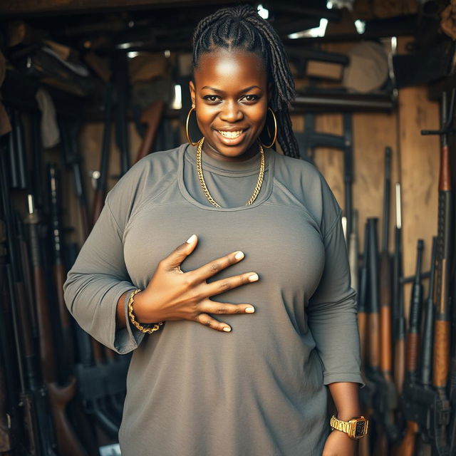 Inside a shanty filled with weapons, a young Black African woman, 25 years old, stands with a fierce expression