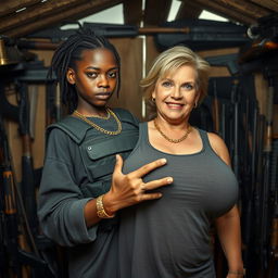 Inside a shanty filled with weapons, a young Black African woman, 25 years old, stands with a fierce expression
