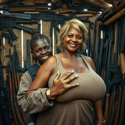 Inside a shanty filled with weapons, a young Black African woman, 25 years old, stands with a fierce expression