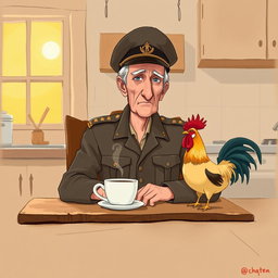 A simple gouache illustration depicting an elderly colonel sitting at a rustic table with a steaming cup of coffee in front of him