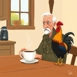 A simple gouache illustration depicting an elderly colonel sitting at a rustic table with a steaming cup of coffee in front of him