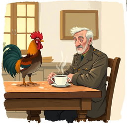 A simple gouache illustration depicting an elderly colonel sitting at a rustic table with a steaming cup of coffee in front of him