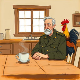 A simple gouache illustration depicting an elderly colonel sitting at a rustic table with a steaming cup of coffee in front of him
