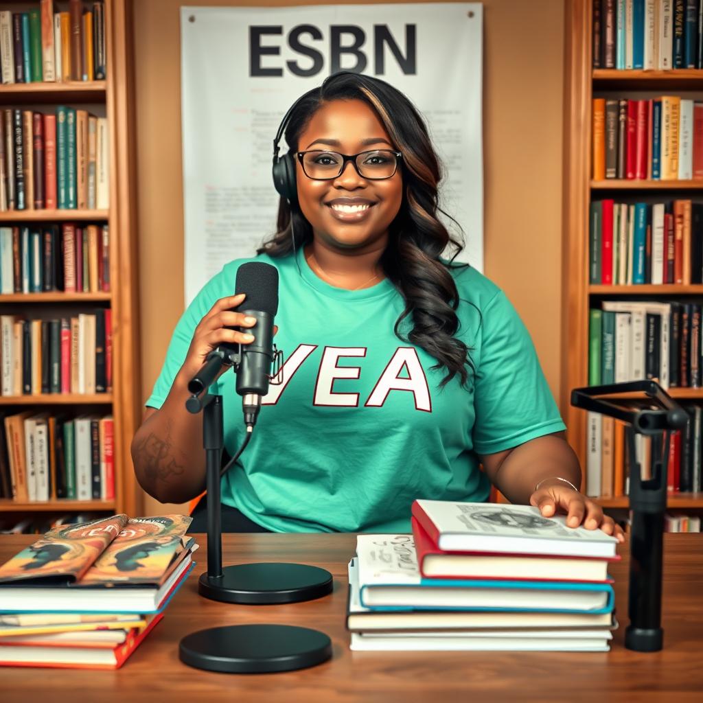 A vibrant podcast view featuring a beautiful plus-sized woman sitting confidently at a table with a microphone in front of her, wearing a stylish t-shirt that proudly displays the text "VEA"