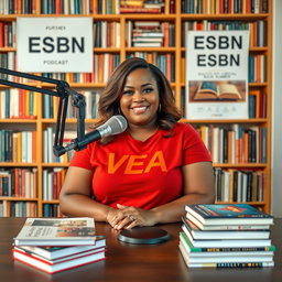 A vibrant podcast view featuring a beautiful plus-sized woman sitting confidently at a table with a microphone in front of her, wearing a stylish t-shirt that proudly displays the text "VEA"