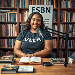 A vibrant podcast view featuring a beautiful plus-sized woman sitting confidently at a table with a microphone in front of her, wearing a stylish t-shirt that proudly displays the text "VEA"