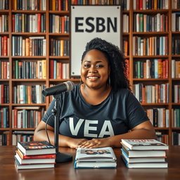 A vibrant podcast view featuring a beautiful plus-sized woman sitting confidently at a table with a microphone in front of her, wearing a stylish t-shirt that proudly displays the text "VEA"