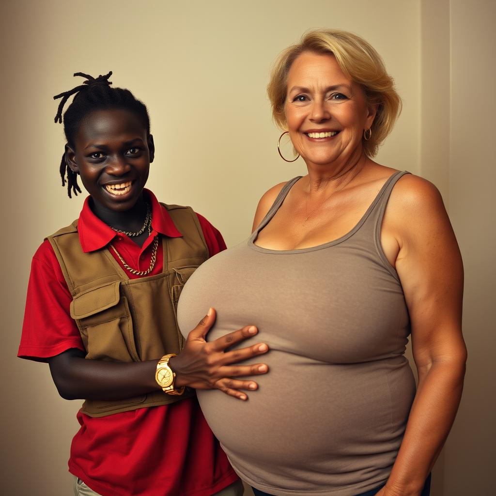 Inside a basic room, a young Black African woman, 25 years old, stands with a fierce demeanor