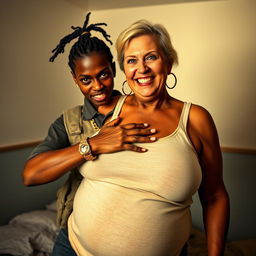 Inside a basic room, a young Black African woman, 25 years old, stands with a fierce demeanor