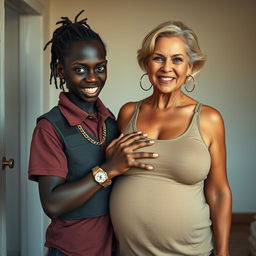 Inside a basic room, a young Black African woman, 25 years old, stands with a fierce demeanor