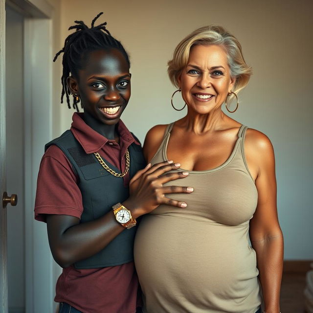 Inside a basic room, a young Black African woman, 25 years old, stands with a fierce demeanor