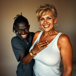 Inside a basic room, a young Black African woman, 25 years old, stands with an intense expression