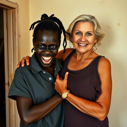 Inside a basic room, a young Black African woman, 25 years old, stands with an intense expression