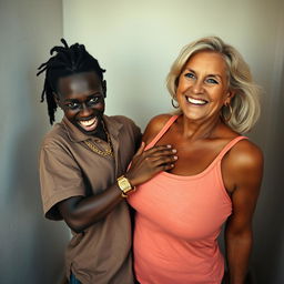 Inside a basic room, a young Black African woman, 25 years old, stands with an intense expression