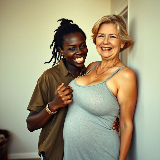 Inside a basic room, a young Black African woman, 25 years old, stands with an intense expression