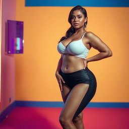 A striking scene featuring a voluptuous woman with an alluring presence, dressed in minimal, fashionable attire that highlights her curves