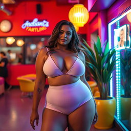 A striking scene featuring a voluptuous woman with an alluring presence, dressed in minimal, fashionable attire that highlights her curves