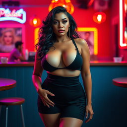 A striking scene featuring a voluptuous woman with an alluring presence, dressed in minimal, fashionable attire that highlights her curves