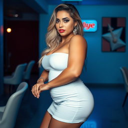 A striking scene featuring a voluptuous woman with an alluring presence, dressed in minimal, fashionable attire that highlights her curves
