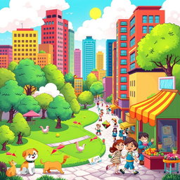 A whimsical and colorful cartoon landscape featuring a vibrant city with tall buildings, lush green parks, and cheerful animals walking around