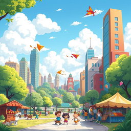 A whimsical and colorful cartoon landscape featuring a vibrant city with tall buildings, lush green parks, and cheerful animals walking around