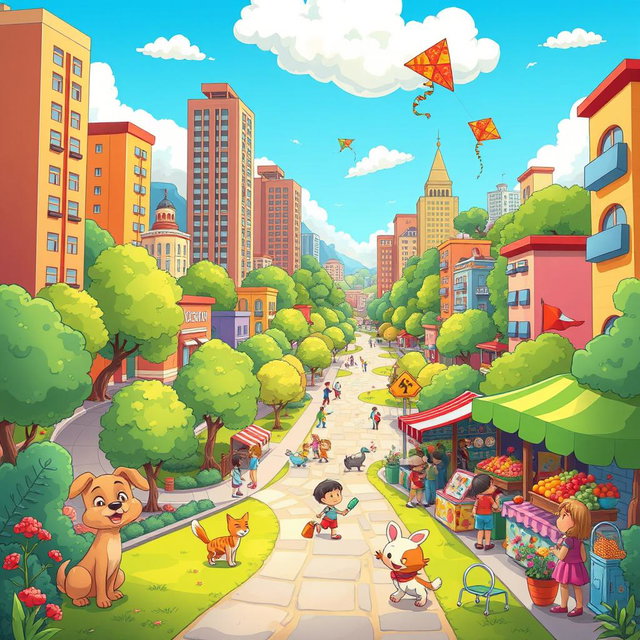 A whimsical and colorful cartoon landscape featuring a vibrant city with tall buildings, lush green parks, and cheerful animals walking around