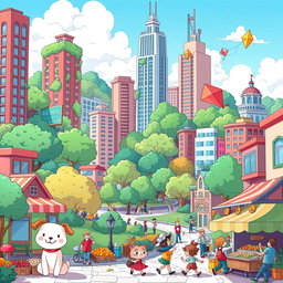 A whimsical and colorful cartoon landscape featuring a vibrant city with tall buildings, lush green parks, and cheerful animals walking around