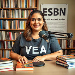 A lively podcast setting featuring a beautiful plus-sized woman sitting at a table with a microphone positioned in front of her