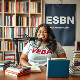 A lively podcast setting featuring a beautiful plus-sized woman sitting at a table with a microphone positioned in front of her