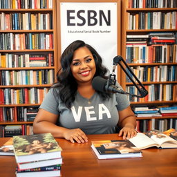 A lively podcast setting featuring a beautiful plus-sized woman sitting at a table with a microphone positioned in front of her