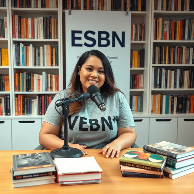 A lively podcast setting featuring a beautiful plus-sized woman sitting at a table with a microphone positioned in front of her