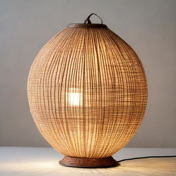 A unique lamp made from a traditional woven 'bakul nasi' (rice basket), its light casting interesting patterns through the weave.