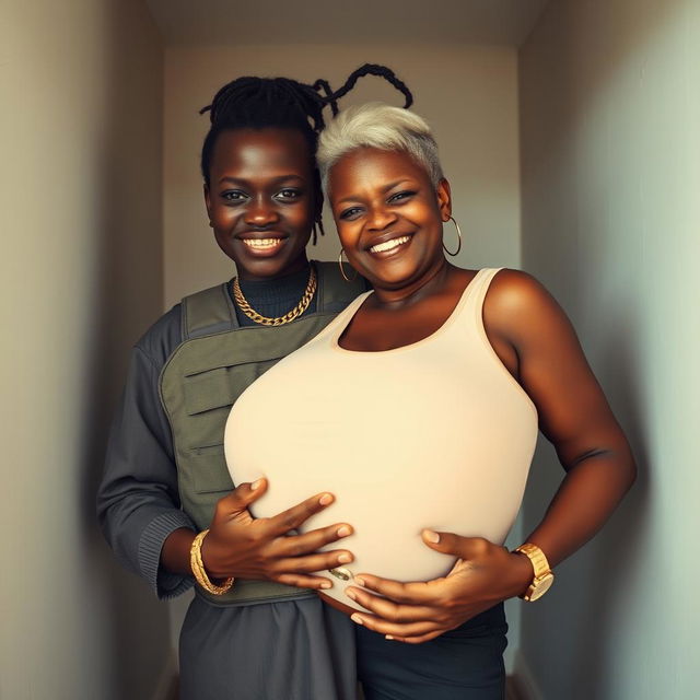 Inside a basic room, a young Black African woman, 25 years old, stands with an intense demeanor