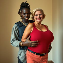 Inside a basic room, a young Black African woman, 25 years old, stands with an intense demeanor