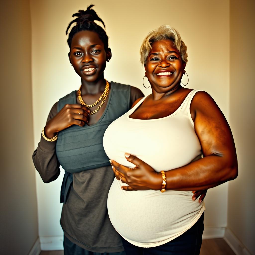 Inside a basic room, a young Black African woman, 25 years old, stands with an intense demeanor