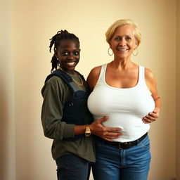 Inside a basic room, a young Black African woman, 25 years old, stands with an intense demeanor