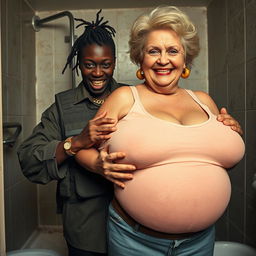 In a dilapidated bathroom, a young Black African woman, 25 years old, stands with a fierce expression