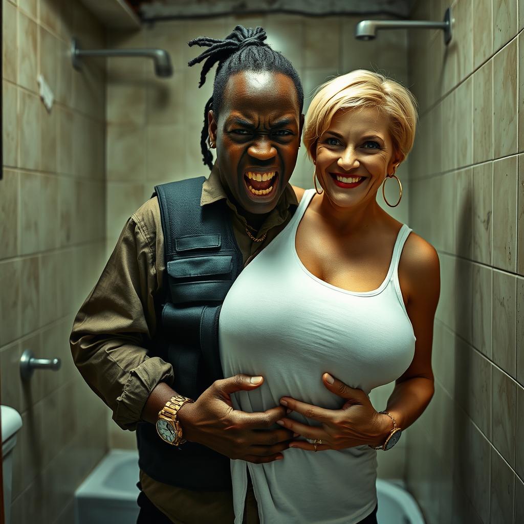 In a dilapidated bathroom, a young Black African woman, 25 years old, stands with a fierce expression