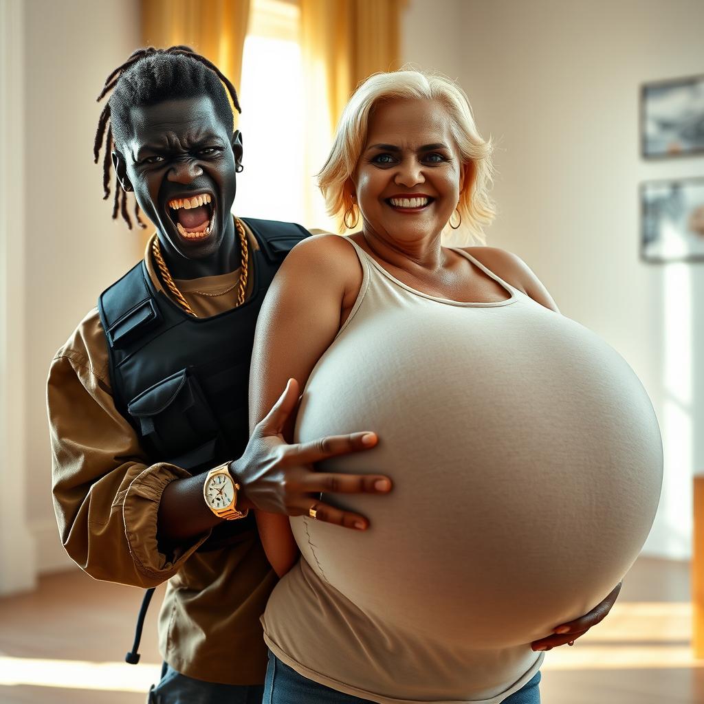 In a bright room, a young Black African woman, 25 years old, stands with a fierce expression