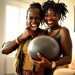In a bright room, a young Black African woman, 25 years old, stands with a fierce expression