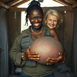 Inside an old shack, a young Black African woman, 25 years old, with a fierce expression, stands confidently
