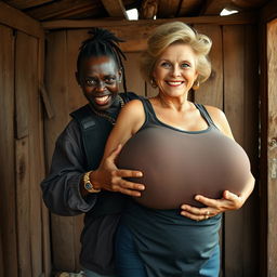 Inside an old shack, a young Black African woman, 25 years old, with a fierce expression, stands confidently