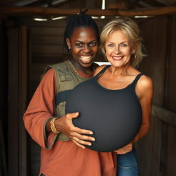 Inside an old shack, a young Black African woman, 25 years old, with a fierce expression, stands confidently