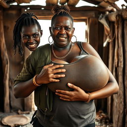 Inside an old shack, a young Black African woman, 25 years old, stands with a fierce expression