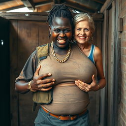 Inside an old shack, a young Black African woman, 25 years old, stands with a fierce expression