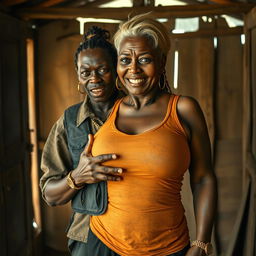Inside an old shack, a young Black African woman, 25 years old, stands with a fierce expression