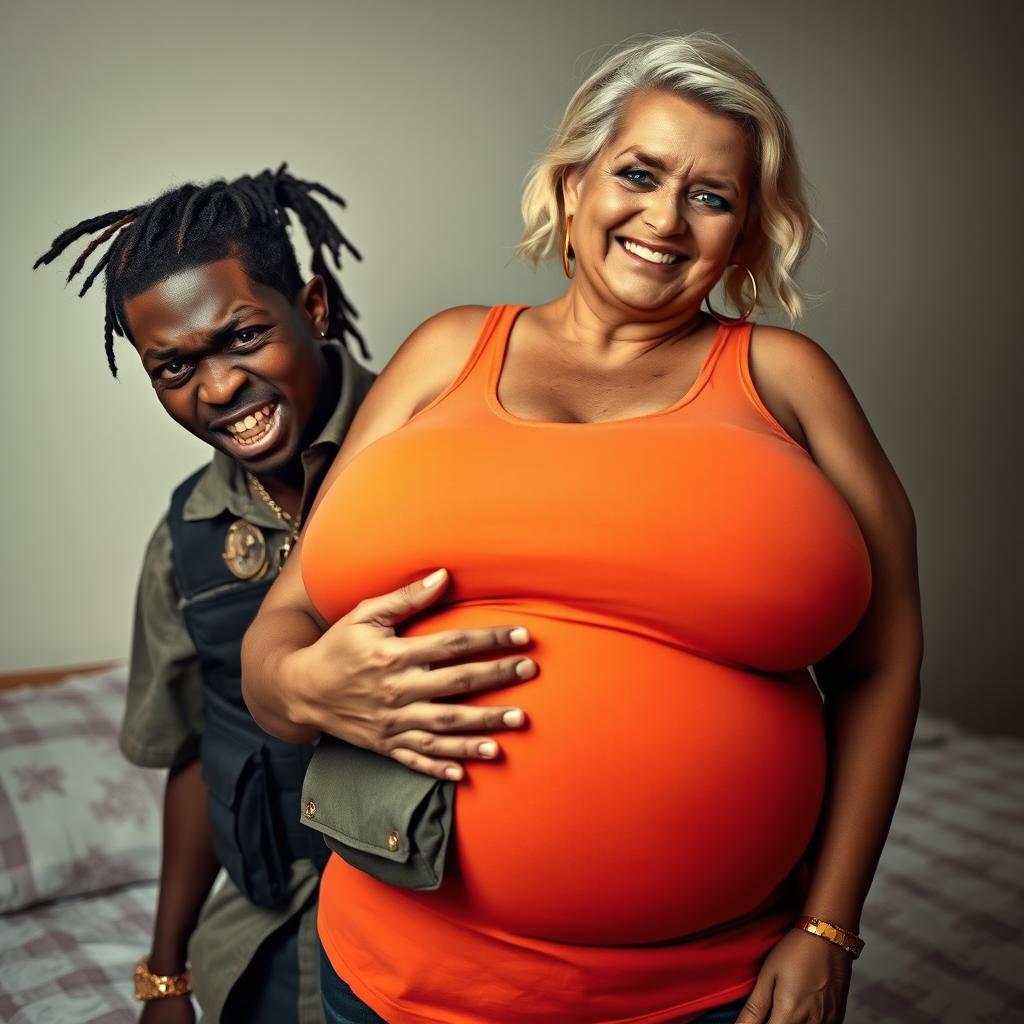 Against a bedroom wall, a young Black African woman, 25 years old, stands with an intense expression
